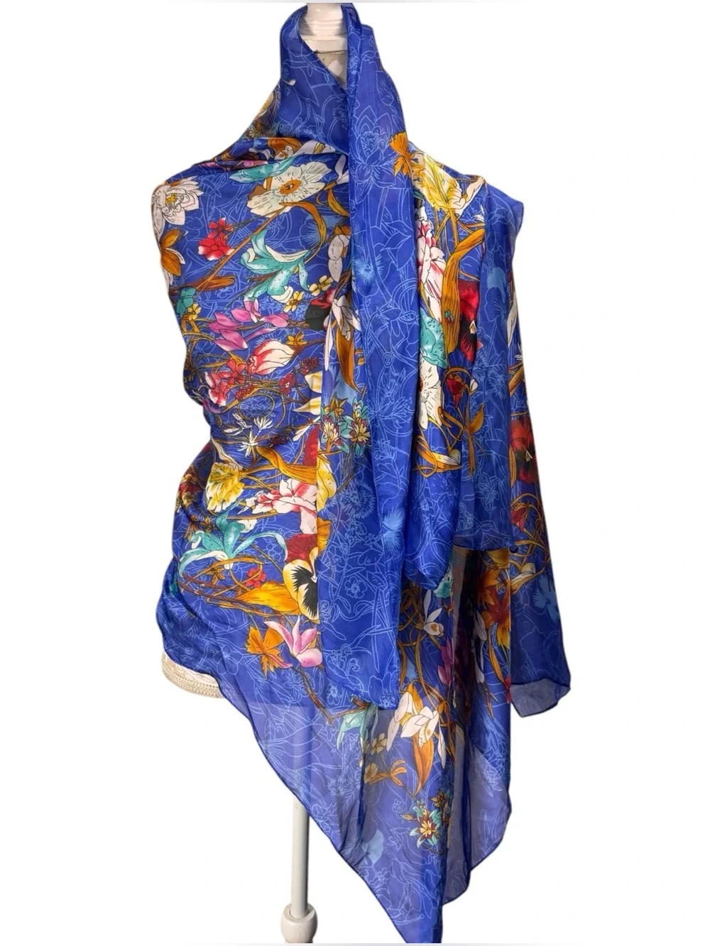 Italian Silk Scarf Botanical Bouquet Blue Floral Motif Italy Large 68